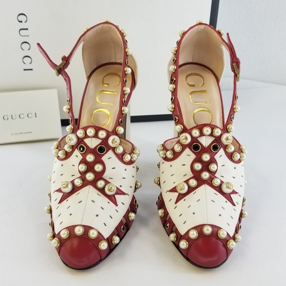 Gucci Tracy Red White Embellished Heels Sz 36 - Picture 4 of 16